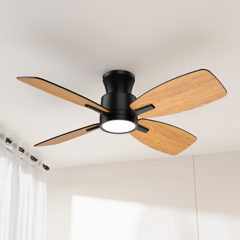 42 Inch Ceiling Fan With Light With Remote Control, Black with Natural Wood Blades