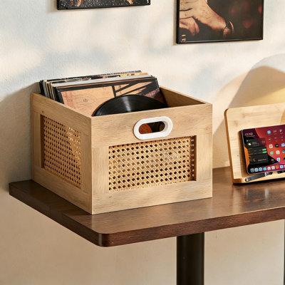 Rattan Vinyl Record Storage Crate with Handle, Holds 75 LPs