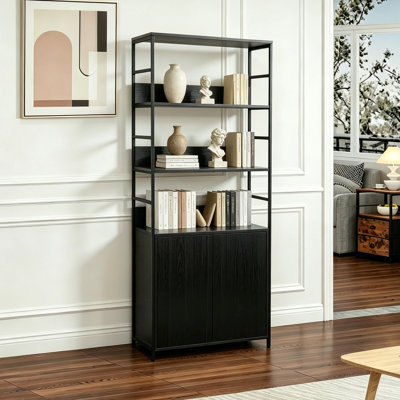 Bibliothèque industrielle 5 niveaux avec armoire et portes, bibliothèque étroite de 70,8 po de hauteur avec tablettes, étagère de rangement en bois avec cadres en métal pour le salon, le bureau, le bureau personnel, noir