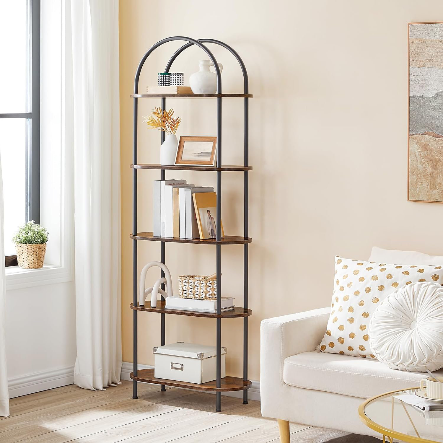 17 Stories 5 Tier Open Bookshelf, Industrial Arched Bookcase Display ...