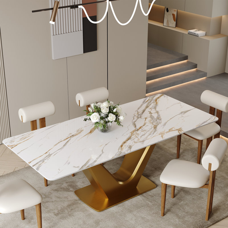 Modern 71" Dining Table Set With Sintered Stone Top And 6 Fully Assembled Chairs