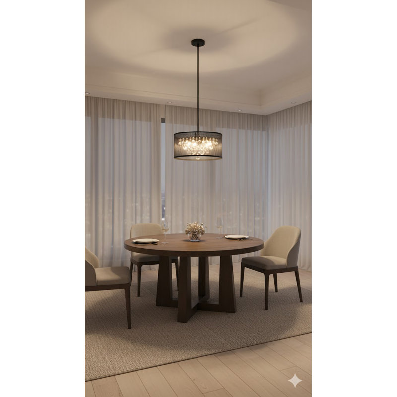 Lustre noir 6 lumières avec détails en cristal transparent