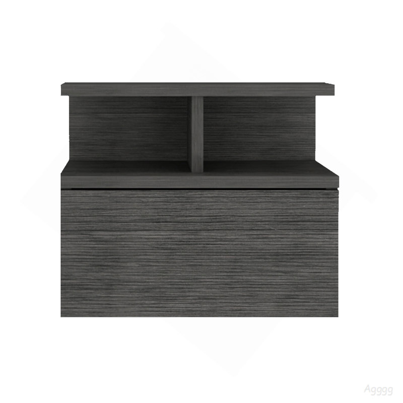 Table de chevet flottante Adele avec tiroir et tablettes de rangement ouvertes Adele, Smoke Gray