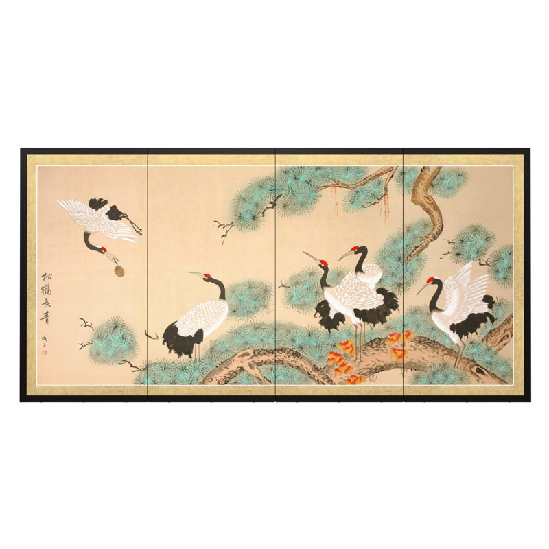 Red Crowned Cranes Handpainted Silk Screen, Cranes