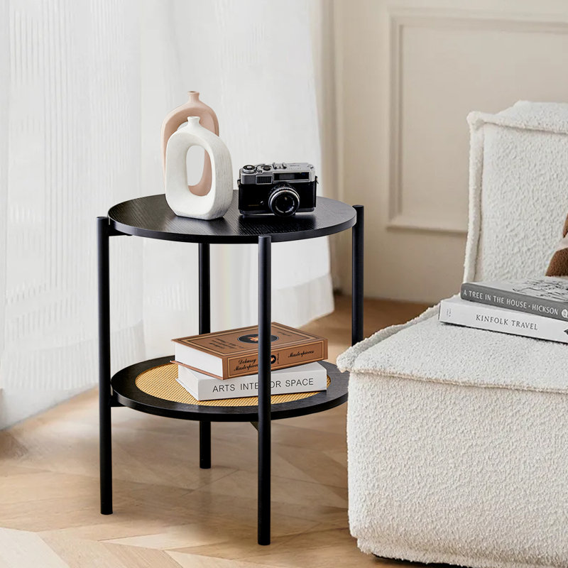 Wood Round Table With Open Shelf,Rattan End Table