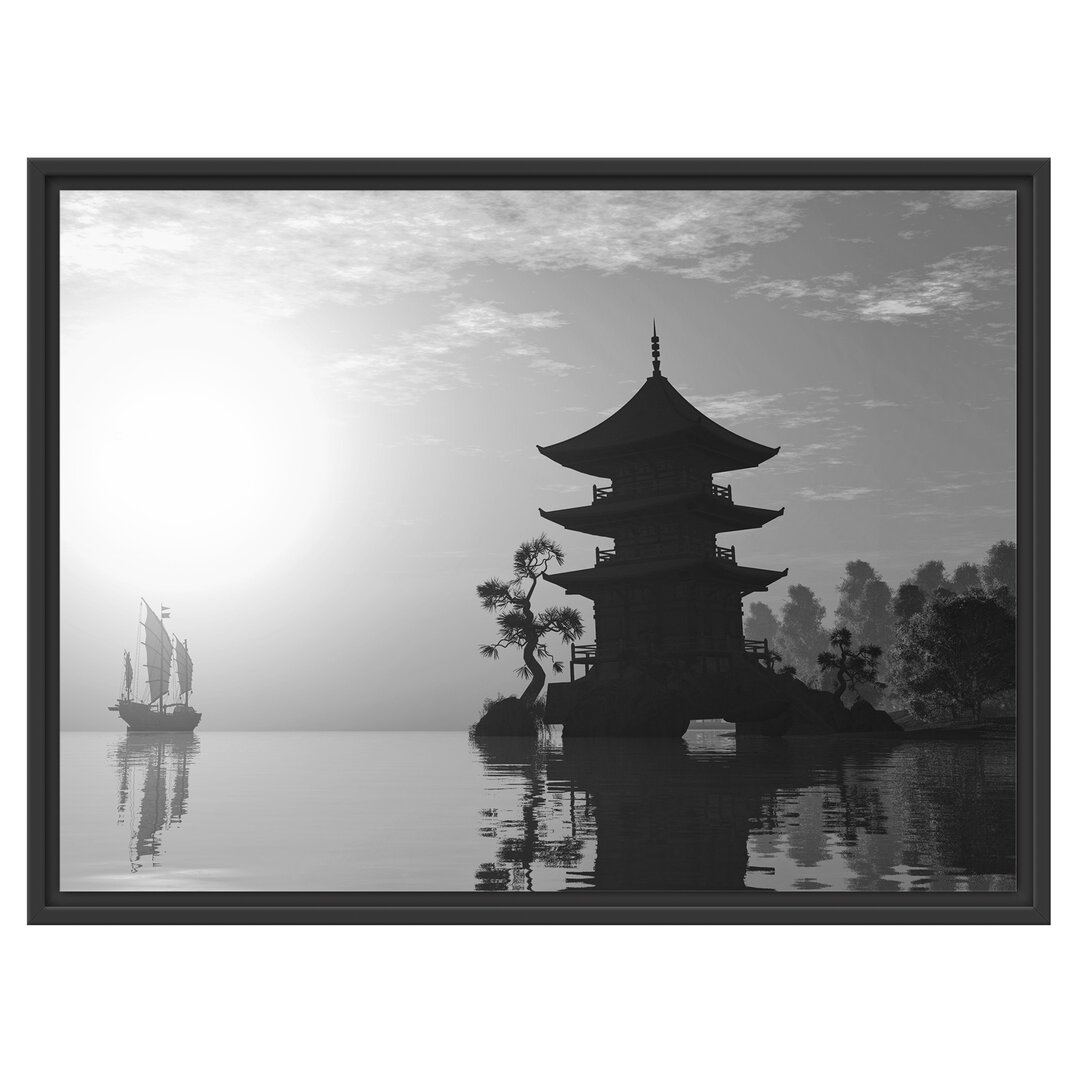 Gerahmtes Wandbild Chinesisches Haus am See Kunst B&W