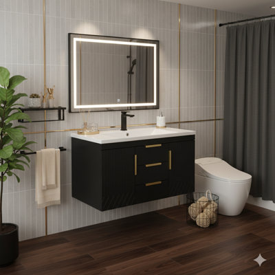 Meuble-lavabo mural 36 po avec lavabo en résine, armoire de rangement flottante avec deux tiroirs, fabrication en bois massif