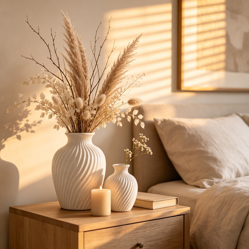 Ensemble de deux vases en céramique blanche à motif texturé à rayures en spirale, parfaits pour une décoration intérieure de style bohème champêtre.