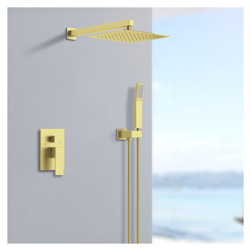 Brushed Gold Shower System with 12 Inch Rainfall Shower Head and Handheld Shower Faucet - Wall Mounted Brass Valve Rough-In Combo Set