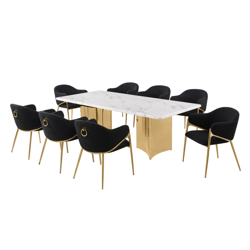 Ensemble de salle à manger en marbre blanc Grand avec chaises d'appoint en tissu Boucle, Noir, Doré