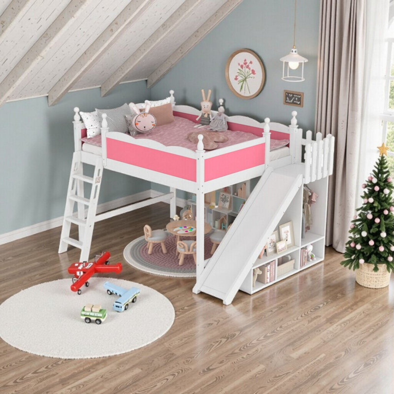 Lit mezzanine en bois massif avec tablettes de rangement, garde-robe et glissade amovible pour enfants, Queen, Pink,White