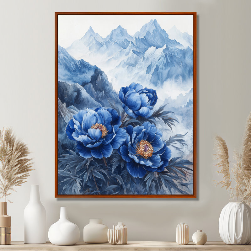 Pivoines dans les montagnes lointaines I - pivoines, art mural, Brun, Impression encadrée sans passe-partout