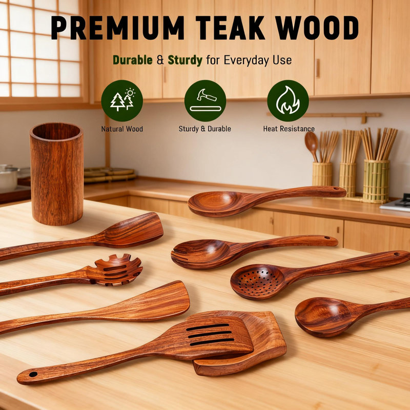 10-Piece Teak Wooden Utensil Set For Cooking With Holder | Natural Non-Scratch Kitchen Tools For Nonstick Cookware | Handmade Wooden Spoons & Spatulas