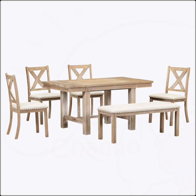 Farmhouse 82inch Extendable Dining Set with 4 Upholstered Chairs, Bench, and Removable Leaves for Comfort and Style