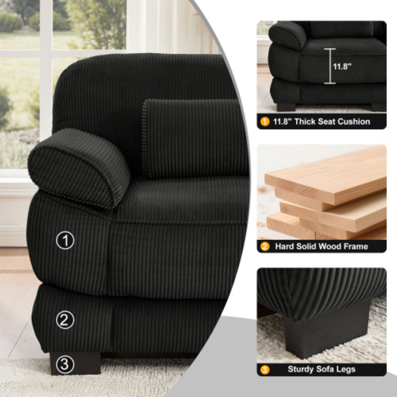 Canapé modulaire en L 104 po en velours côtelé noir avec repose-pieds et coussins épais, sans assemblage, Noir, Noir