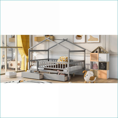 Full Size Solid Wood House Platform Bed with 2 Drawers - Gray