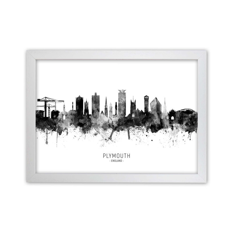 Plymouth England Skyline Black White City Name by Michael Tompsett - Print, White Framed, 46cm H x 63cm W x 3cm D