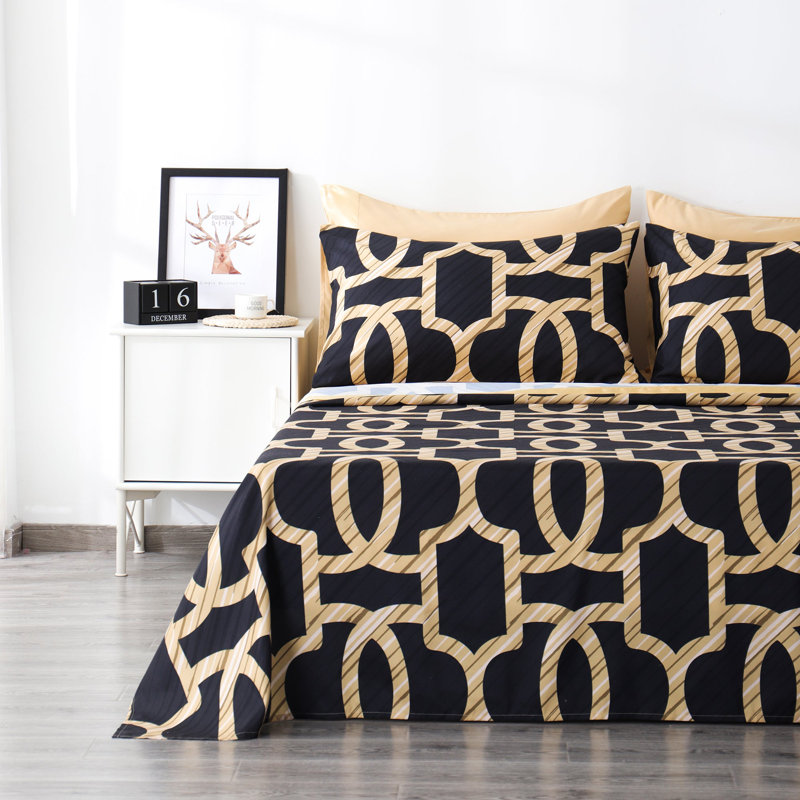 Ensemble de draps 6 pièces Polycotton, Courtepointe pour grand lit + 5 pièces supplémen, Or noir