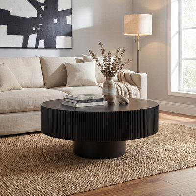 Black Round Fluted Coffee Table with Pedestal Base, Mid Century Modern Accent Table