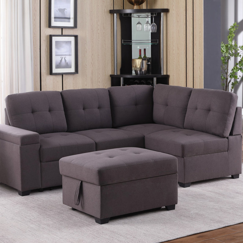 Canapé-lit modulaire en lin brun avec repose-pieds et rangement 87,75 po