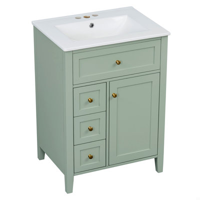 Meuble-lavabo de 24 po avec lavabo, panneau de fibres à densité moyenne et bois d'hévéa, 3 tiroirs et armoire avec tablettes réglables