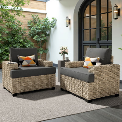 Ensemble de 2 fauteuils d'extérieur modernes en osier avec coussins Carolle