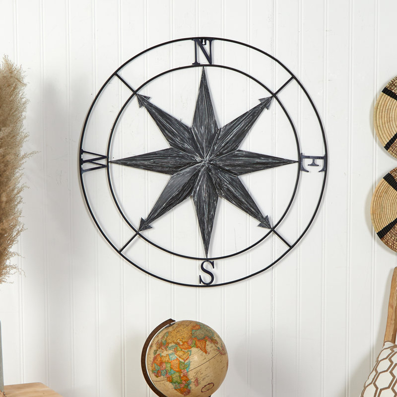 40-Inch Washed Black Metal Nautical Compass Wall Art