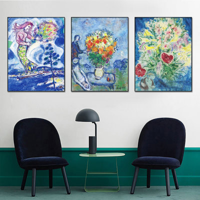 Ensemble de 3 tableaux encadrés de Marc Chagall, série n° 36, pour la décoration du salon, de la maison ou du bureau (cadre noir fin, 45,7 x 61 cm chaque tableau).