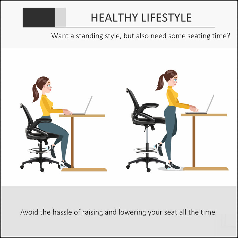 Chaise de dessinateur en filet, chaise de bureau haute avec support lombaire, accoudoirs rabattables, repose-pieds et hauteur de siège réglable