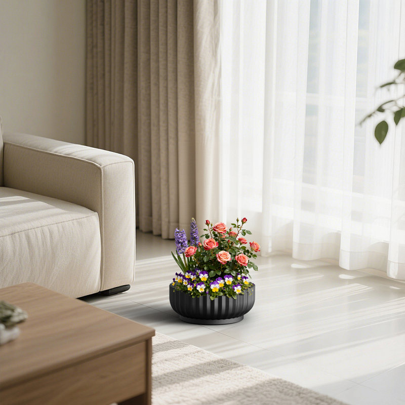 Bol à fleurs / pot à fleurs ronds 15 po, H 5,51 po x l 14,57 po x P 17,72 po, Noir mat
