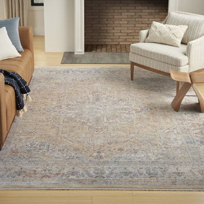 Tapis oriental gris et doré tissé à la machine 8 pi x 10 pi avec frange