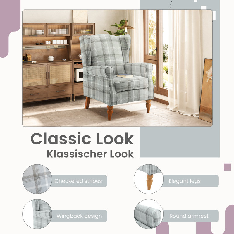 Solid Wood Upholstered Relaxation Armchair, Linen Wingback Chair for Living Room, Bedroom, Grey