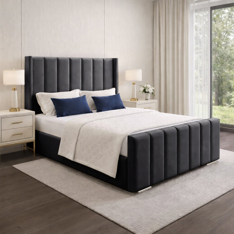 Premium Luxury Wingback Panel Bed Frame, Small Double (4'), Asphalt