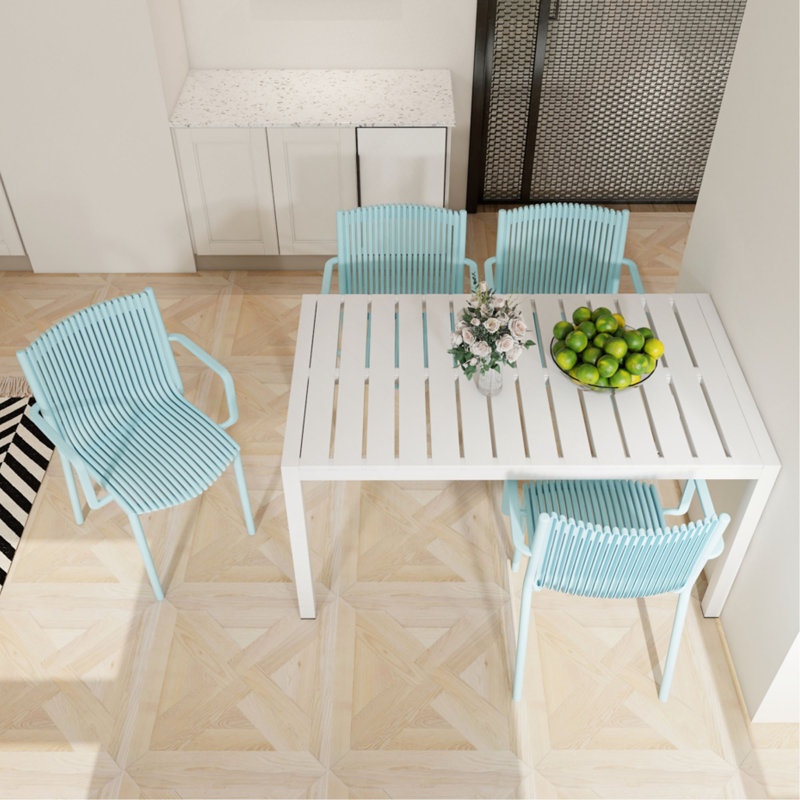 Holiday - 4Pcs Stackable PP Armchair For Indoor/Outdoor Use – Ergonomic Slatted Back With 55 Inch White Modern Long Table - Indoor/Outdoor- Lightweight PP Tabletop With Metal