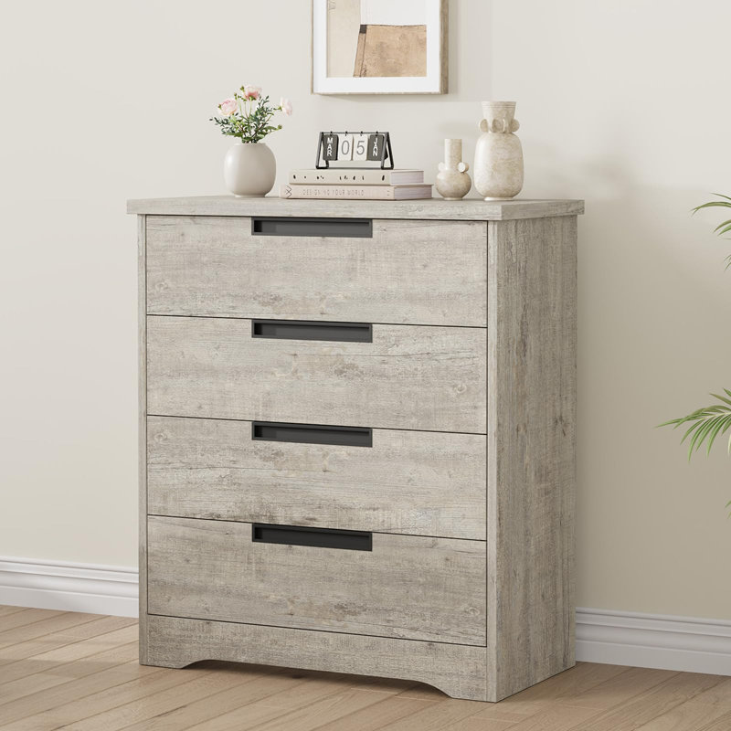 Commode 4 tiroirs pour chambre à coucher, commode grise avec poignées intégrées, organisateur de commode en bois, Gris