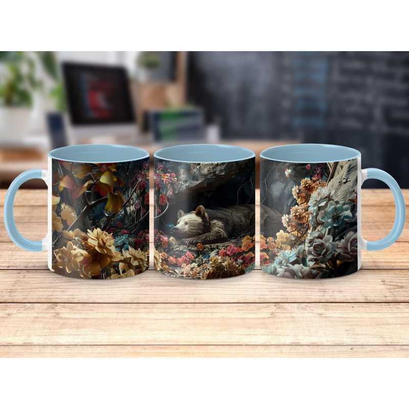 Set of 4 Animal Design 11oz Accent Mugs – Ceramic Coffee Cups with a Light Blue Handle and Interior