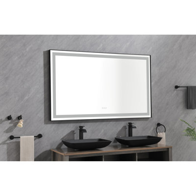 Miroir de salle de bain 72 po x 48 po à DEL, fixation murale, fonction brouillard, 3 couleurs, éclairage réglable en continu, cadre en aluminium, fonction noir mat de 72 po à 48 po, à intensité variable,