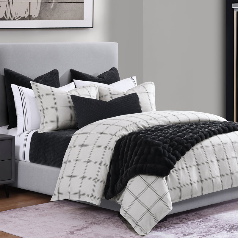 Super Queen White Cotton Windowpane Plaid Duvet Cover Set