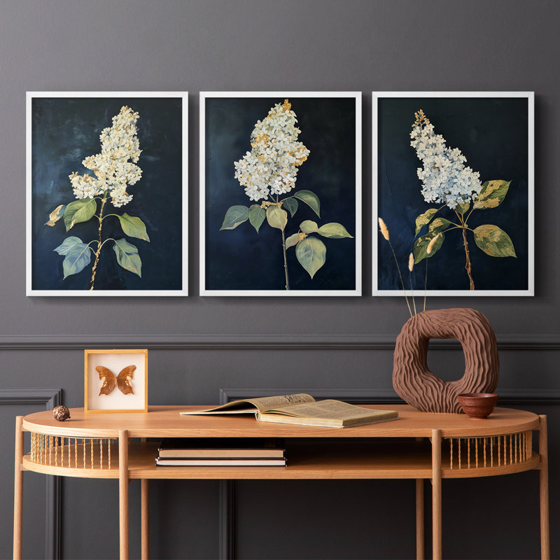 Étude florale série LIX - ensemble de 3 estampes giclées encadrées - prêt à être accroché, Blanc, H 20 po x l 48 po