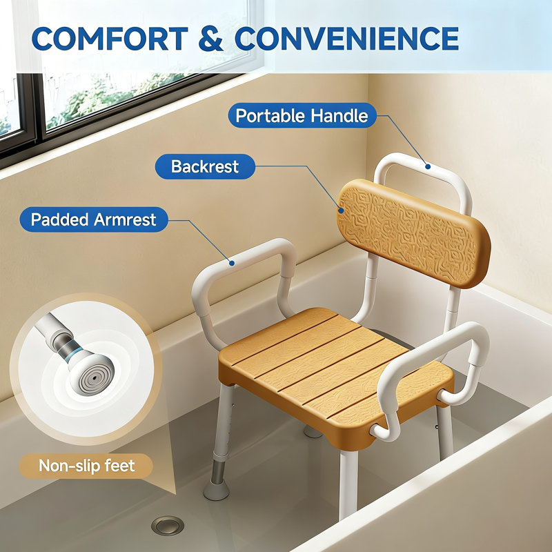 Shower Chair for Inside Shower ，Bath Chair with Arms and Back,Aluminum Shower Stool(Brown)