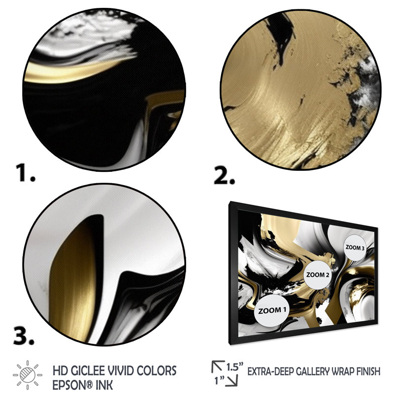 Golden Wave Reflections II - Art mural encadré abstrait, Cadre simple noir, H 16 po x l 32 po x P 1 po