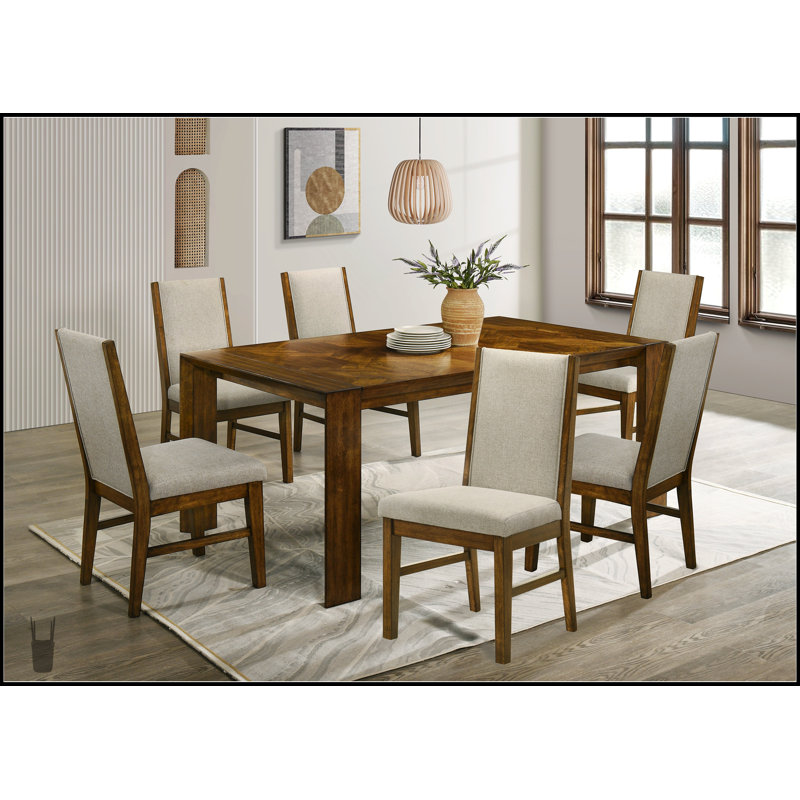 Table de salle à manger 7 pièces rectangulaire en bois massif fabriqué à la main avec chaises capitonnées