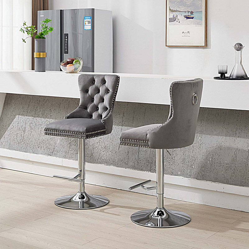 Baldock 2PC Swivel Adjustable Height Barstools,Modern Upholstered Stools with Tufted Back, Gray/Chrome 