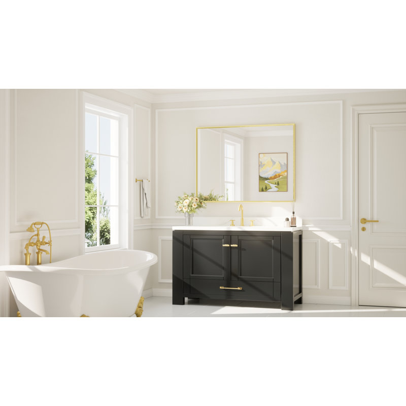 Miroir de salle de bain avec cadre en aluminium et verre trempé, 48 po x 36 po, Or brossé, Rectangulaire