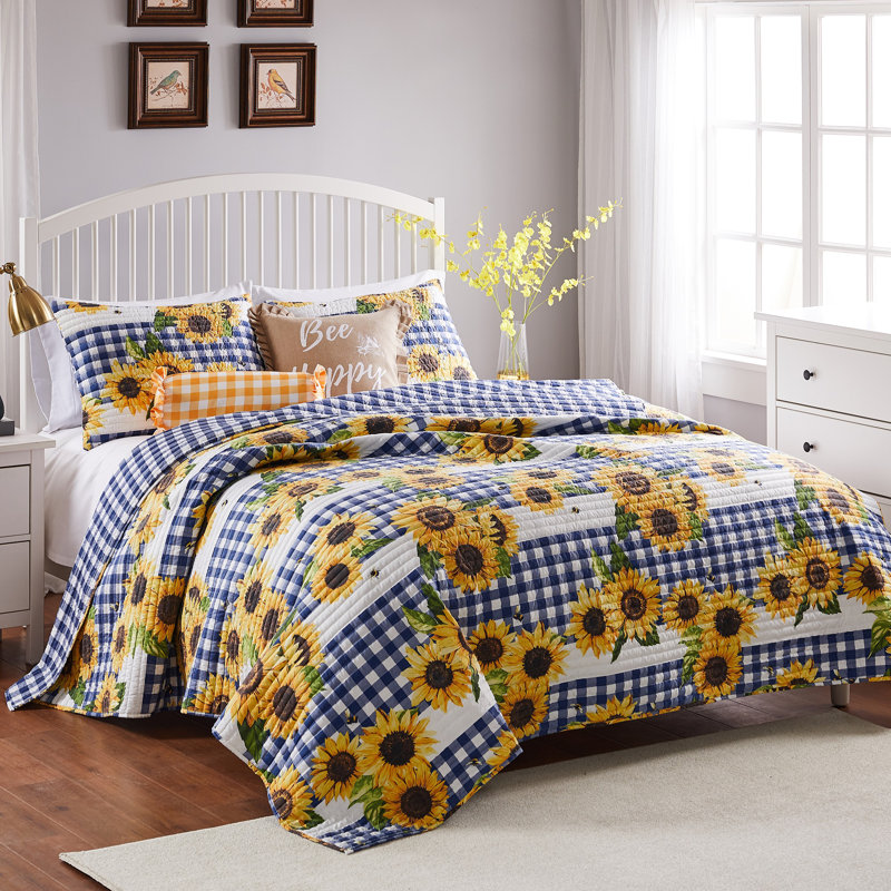 Sunflower and Blue Gingham Twin Microfiber Reversible Quilt Set