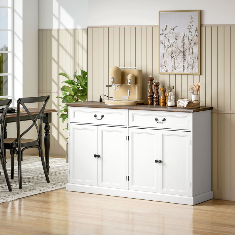 Buffet avec station de charge, buffet de ferme 55 po, blanc, Blanc / Blanc