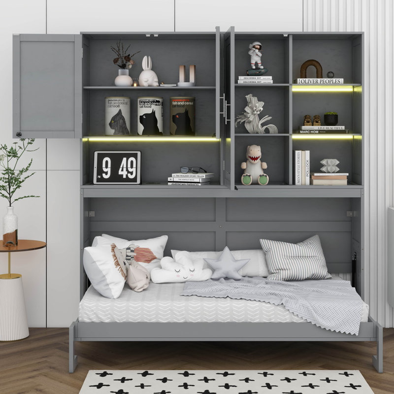 Lit escamotable simple avec armoire supérieure, lit escamotable avec tablettes, lit pliable peu encombrant avec éclairage et ports USB