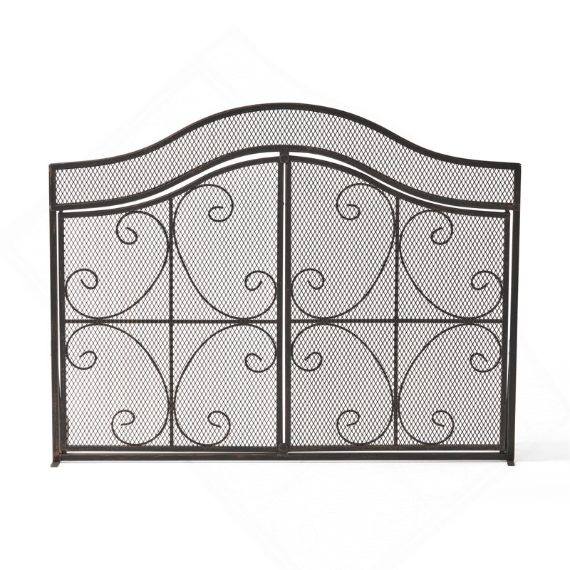 3-Panel Iron Fire Screen with Door, Black Copper Finish, Handcrafted Fireplace Screen