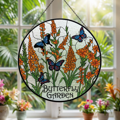 12"H Butterfly Garden Stained Glass Window Panel