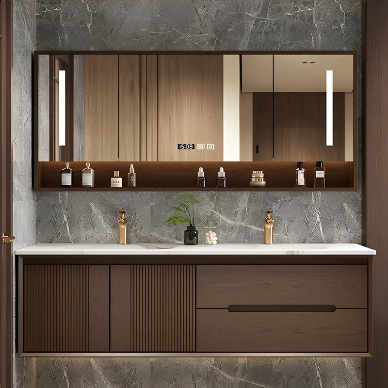 Armoire de salle de bain simple de style chinois, H 19,69 po x l 66,93 po x P 19,69 po, Marron foncé
